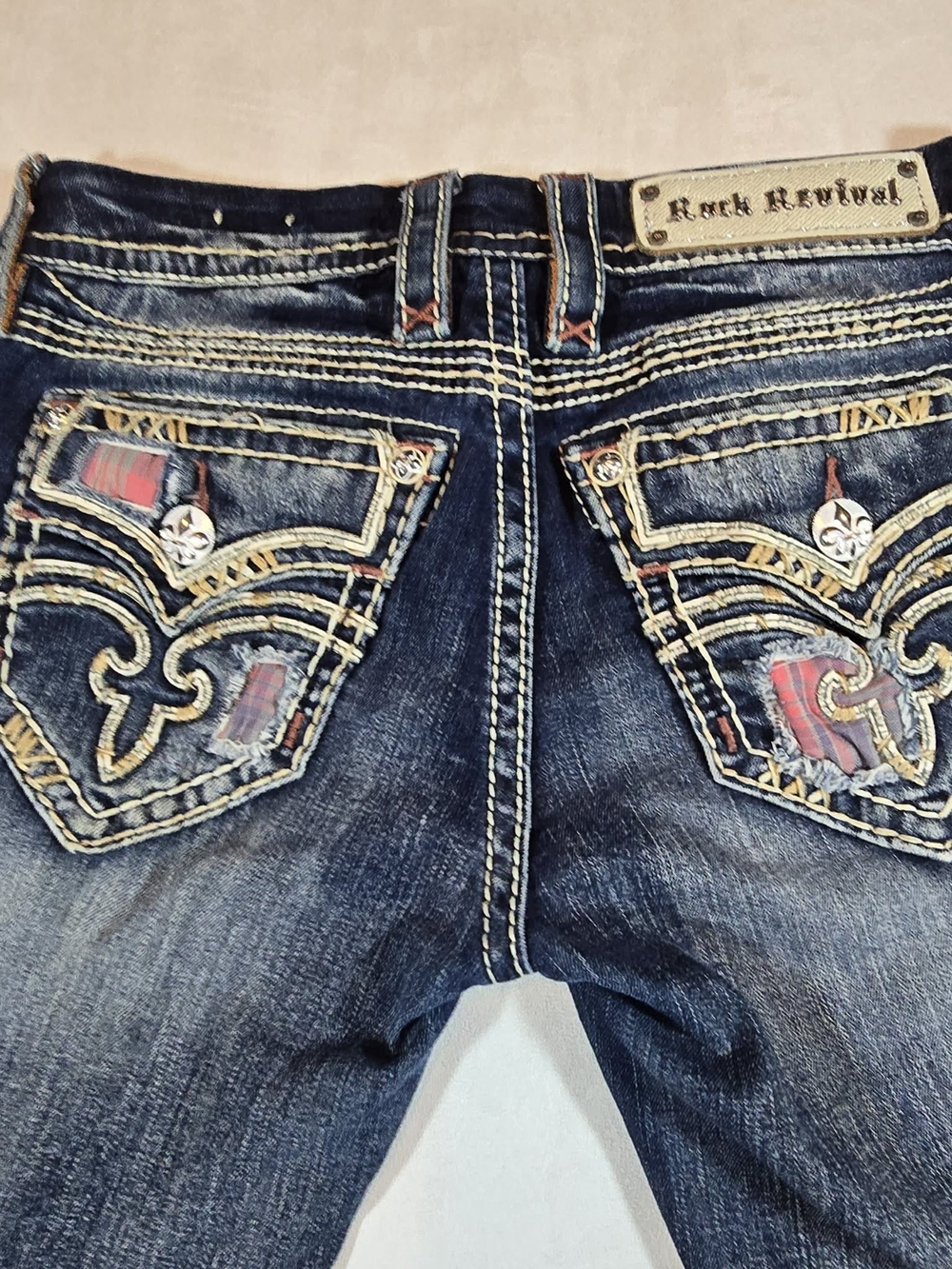 Rock Revival Women’s Distressed Dark Blue Embroidered Jeans